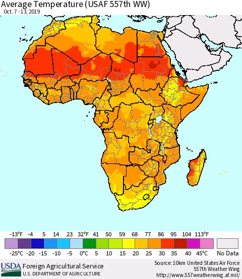 Africa Average Temperature (USAF 557th WW) Thematic Map For 10/7/2019 - 10/13/2019