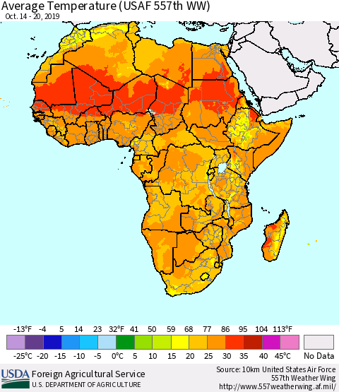 Africa Average Temperature (USAF 557th WW) Thematic Map For 10/14/2019 - 10/20/2019
