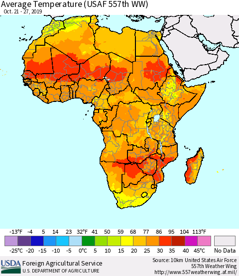 Africa Average Temperature (USAF 557th WW) Thematic Map For 10/21/2019 - 10/27/2019
