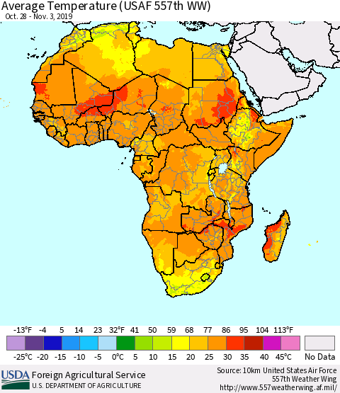 Africa Average Temperature (USAF 557th WW) Thematic Map For 10/28/2019 - 11/3/2019