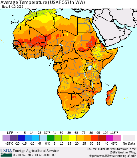 Africa Average Temperature (USAF 557th WW) Thematic Map For 11/4/2019 - 11/10/2019