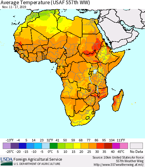 Africa Average Temperature (USAF 557th WW) Thematic Map For 11/11/2019 - 11/17/2019