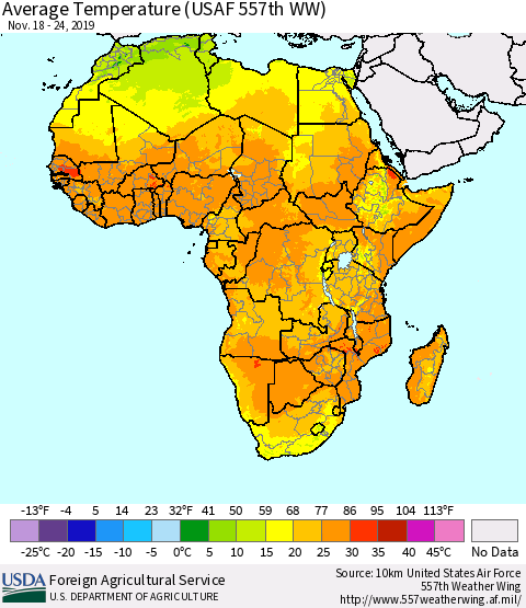 Africa Average Temperature (USAF 557th WW) Thematic Map For 11/18/2019 - 11/24/2019
