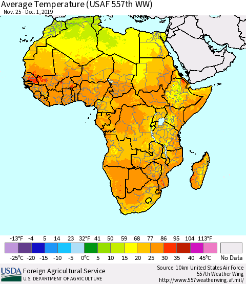 Africa Average Temperature (USAF 557th WW) Thematic Map For 11/25/2019 - 12/1/2019