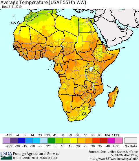 Africa Average Temperature (USAF 557th WW) Thematic Map For 12/2/2019 - 12/8/2019