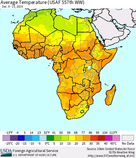 Africa Average Temperature (USAF 557th WW) Thematic Map For 12/9/2019 - 12/15/2019