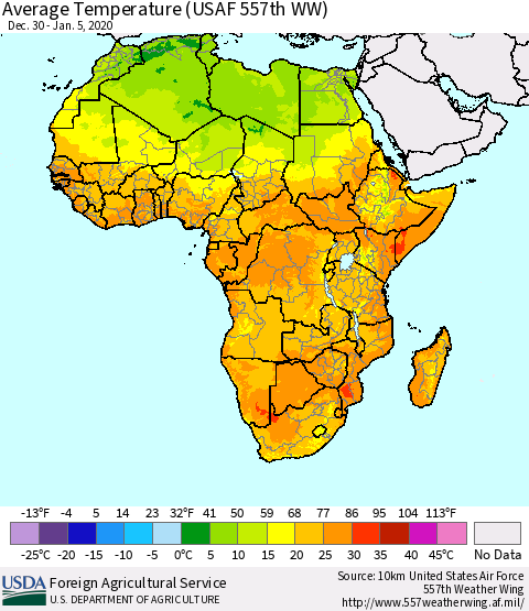 Africa Average Temperature (USAF 557th WW) Thematic Map For 12/30/2019 - 1/5/2020