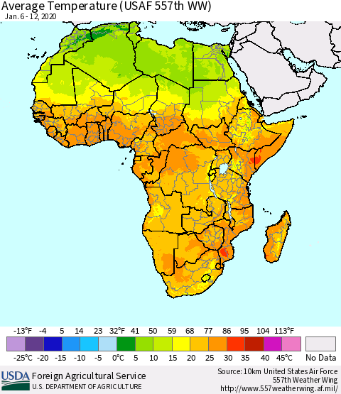 Africa Average Temperature (USAF 557th WW) Thematic Map For 1/6/2020 - 1/12/2020