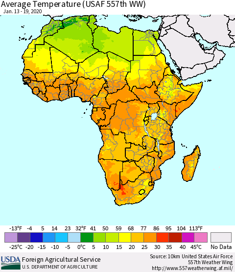 Africa Average Temperature (USAF 557th WW) Thematic Map For 1/13/2020 - 1/19/2020