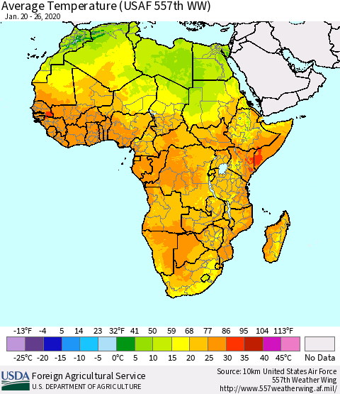 Africa Average Temperature (USAF 557th WW) Thematic Map For 1/20/2020 - 1/26/2020