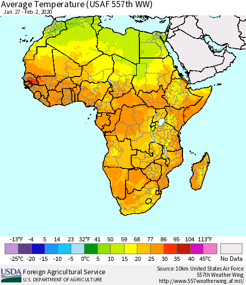 Africa Average Temperature (USAF 557th WW) Thematic Map For 1/27/2020 - 2/2/2020