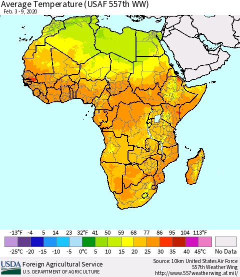 Africa Average Temperature (USAF 557th WW) Thematic Map For 2/3/2020 - 2/9/2020