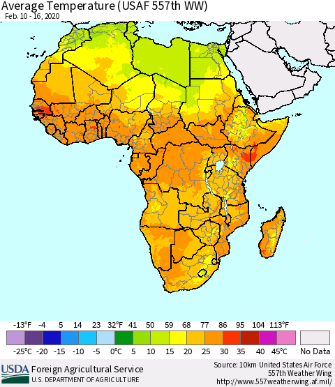 Africa Average Temperature (USAF 557th WW) Thematic Map For 2/10/2020 - 2/16/2020