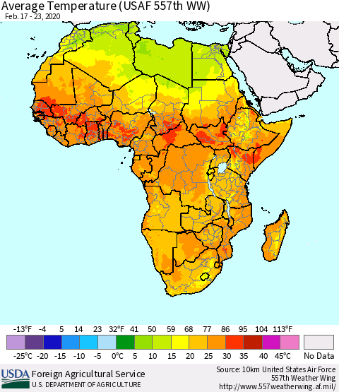Africa Average Temperature (USAF 557th WW) Thematic Map For 2/17/2020 - 2/23/2020