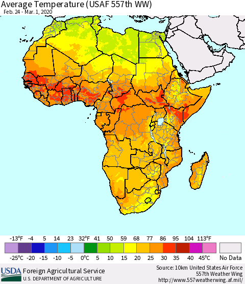 Africa Average Temperature (USAF 557th WW) Thematic Map For 2/24/2020 - 3/1/2020