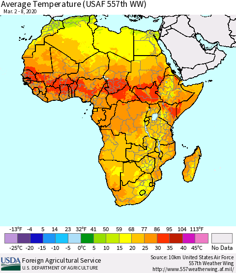 Africa Average Temperature (USAF 557th WW) Thematic Map For 3/2/2020 - 3/8/2020