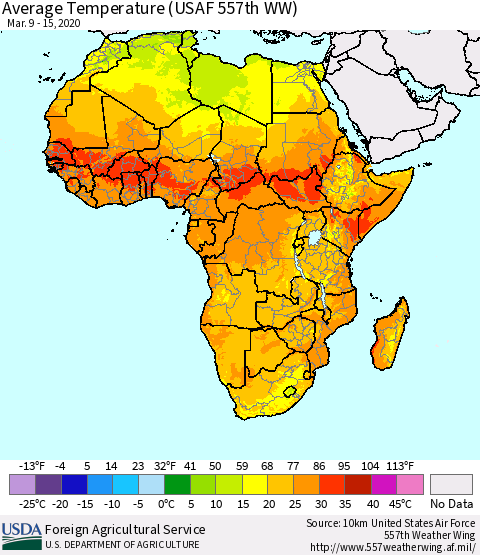 Africa Average Temperature (USAF 557th WW) Thematic Map For 3/9/2020 - 3/15/2020