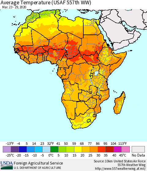 Africa Average Temperature (USAF 557th WW) Thematic Map For 3/23/2020 - 3/29/2020