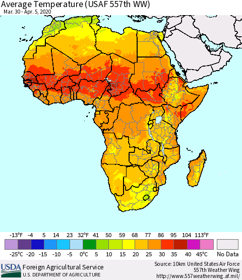 Africa Average Temperature (USAF 557th WW) Thematic Map For 3/30/2020 - 4/5/2020