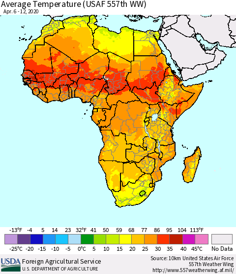 Africa Average Temperature (USAF 557th WW) Thematic Map For 4/6/2020 - 4/12/2020