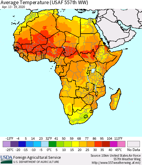 Africa Average Temperature (USAF 557th WW) Thematic Map For 4/13/2020 - 4/19/2020