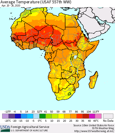 Africa Average Temperature (USAF 557th WW) Thematic Map For 4/20/2020 - 4/26/2020