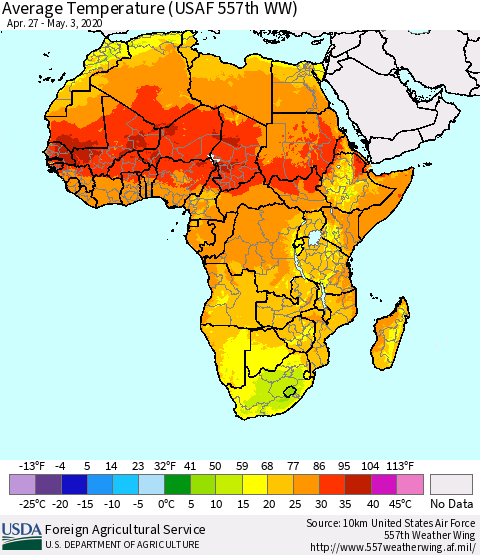 Africa Average Temperature (USAF 557th WW) Thematic Map For 4/27/2020 - 5/3/2020