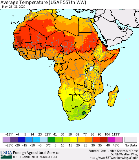 Africa Average Temperature (USAF 557th WW) Thematic Map For 5/25/2020 - 5/31/2020