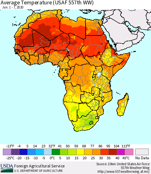 Africa Average Temperature (USAF 557th WW) Thematic Map For 6/1/2020 - 6/7/2020
