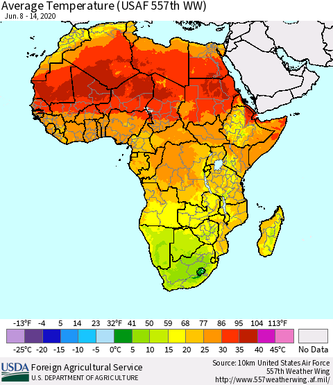 Africa Average Temperature (USAF 557th WW) Thematic Map For 6/8/2020 - 6/14/2020