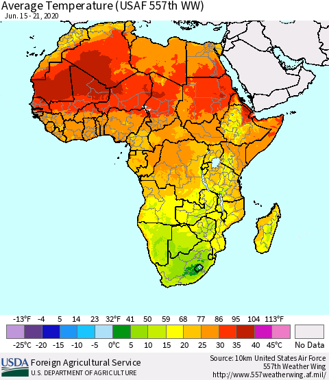 Africa Average Temperature (USAF 557th WW) Thematic Map For 6/15/2020 - 6/21/2020