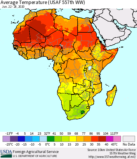 Africa Average Temperature (USAF 557th WW) Thematic Map For 6/22/2020 - 6/28/2020