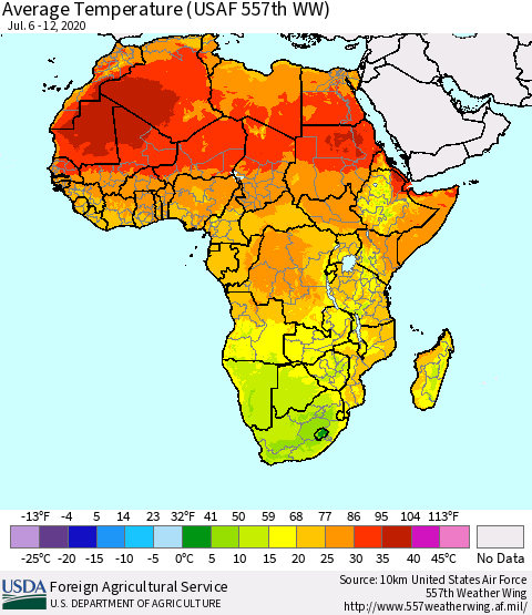 Africa Average Temperature (USAF 557th WW) Thematic Map For 7/6/2020 - 7/12/2020
