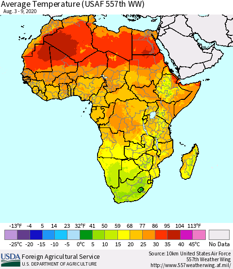 Africa Average Temperature (USAF 557th WW) Thematic Map For 8/3/2020 - 8/9/2020