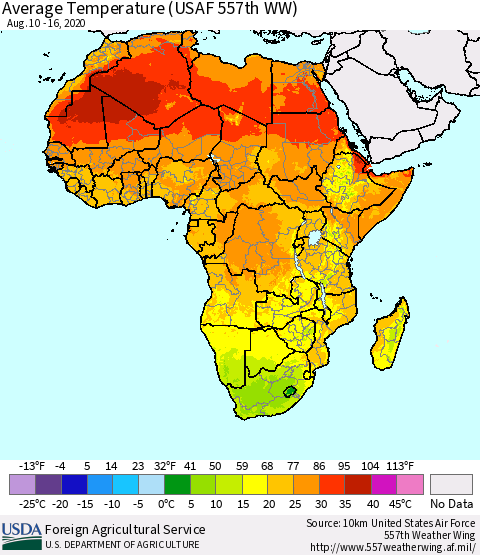 Africa Average Temperature (USAF 557th WW) Thematic Map For 8/10/2020 - 8/16/2020