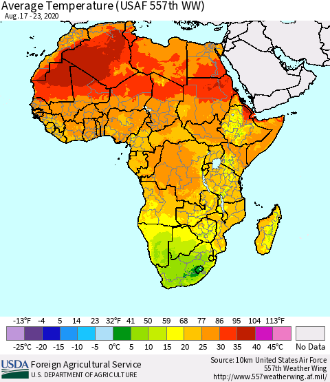 Africa Average Temperature (USAF 557th WW) Thematic Map For 8/17/2020 - 8/23/2020
