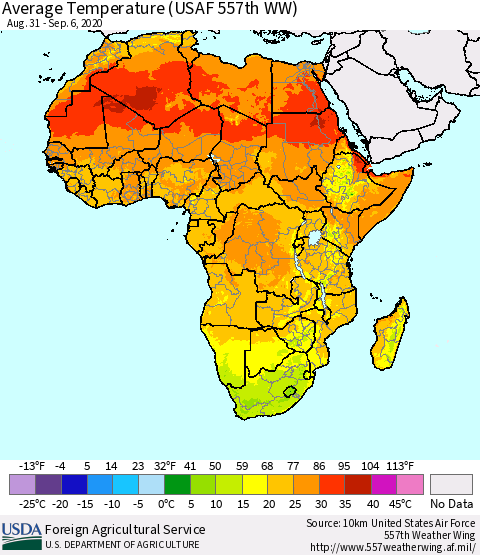 Africa Average Temperature (USAF 557th WW) Thematic Map For 8/31/2020 - 9/6/2020