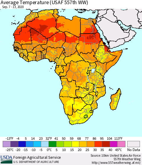 Africa Average Temperature (USAF 557th WW) Thematic Map For 9/7/2020 - 9/13/2020