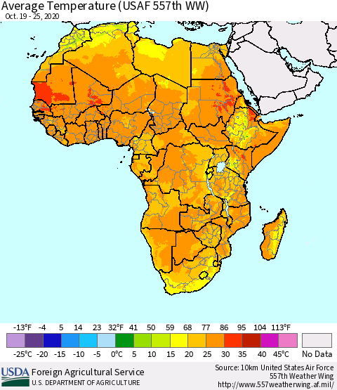Africa Average Temperature (USAF 557th WW) Thematic Map For 10/19/2020 - 10/25/2020