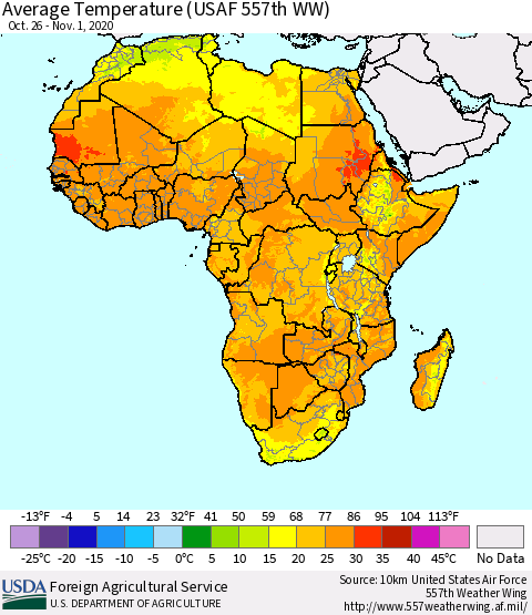 Africa Average Temperature (USAF 557th WW) Thematic Map For 10/26/2020 - 11/1/2020