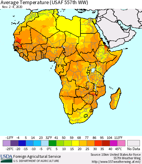 Africa Average Temperature (USAF 557th WW) Thematic Map For 11/2/2020 - 11/8/2020