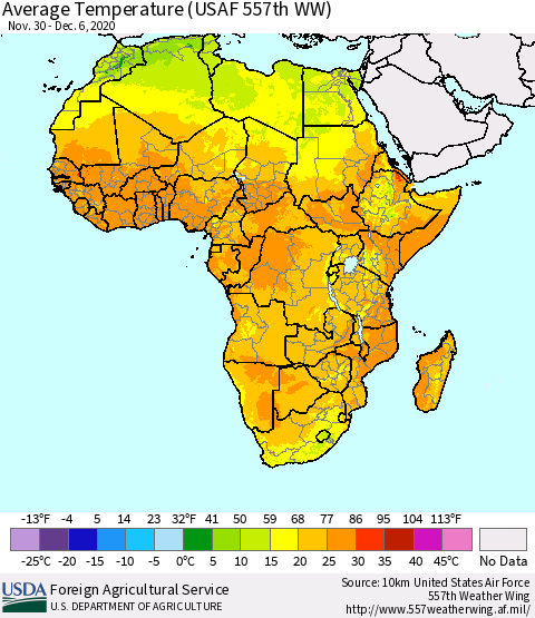 Africa Average Temperature (USAF 557th WW) Thematic Map For 11/30/2020 - 12/6/2020