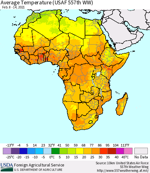 Africa Average Temperature (USAF 557th WW) Thematic Map For 2/8/2021 - 2/14/2021