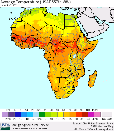 Africa Average Temperature (USAF 557th WW) Thematic Map For 3/1/2021 - 3/7/2021