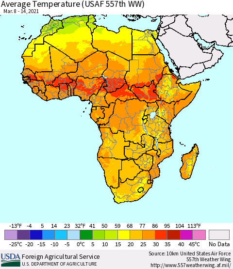 Africa Average Temperature (USAF 557th WW) Thematic Map For 3/8/2021 - 3/14/2021