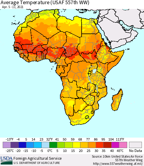 Africa Average Temperature (USAF 557th WW) Thematic Map For 4/5/2021 - 4/11/2021