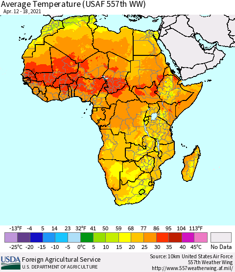 Africa Average Temperature (USAF 557th WW) Thematic Map For 4/12/2021 - 4/18/2021