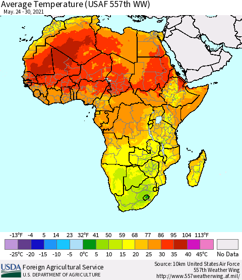 Africa Average Temperature (USAF 557th WW) Thematic Map For 5/24/2021 - 5/30/2021