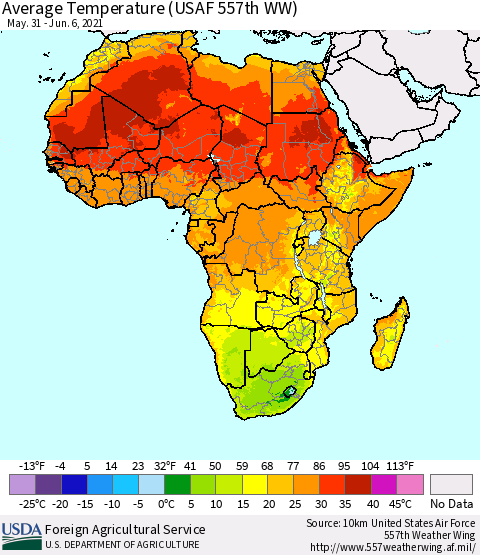 Africa Average Temperature (USAF 557th WW) Thematic Map For 5/31/2021 - 6/6/2021