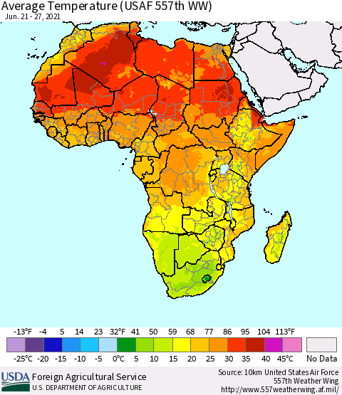 Africa Average Temperature (USAF 557th WW) Thematic Map For 6/21/2021 - 6/27/2021